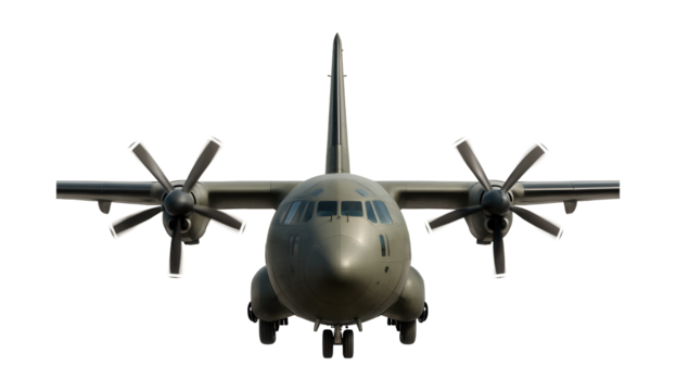 Twin-turboprop military transport plane with a tall tail and underwing fuel tanks.