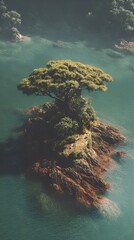 Solitary Tree On Rocky Islet In Calm Water