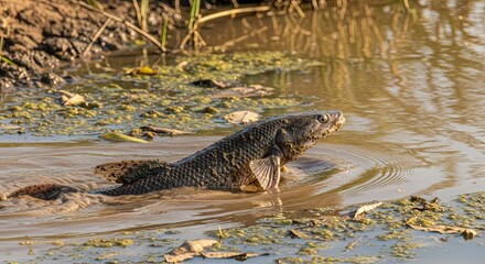 A wild cat emerges from murky water in a natural habitat.