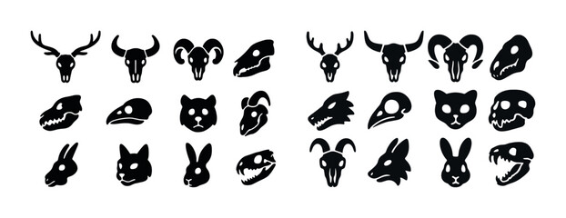Obraz premium Silhouettes of various animal skulls and cartoon heads in black on white background