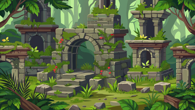 Lush pixel art jungle background featuring ancient moss-covered ruins, stone archways, and overgrown foliage. Perfect for fantasy, adventure, or 2D side-scrolling video game environments.