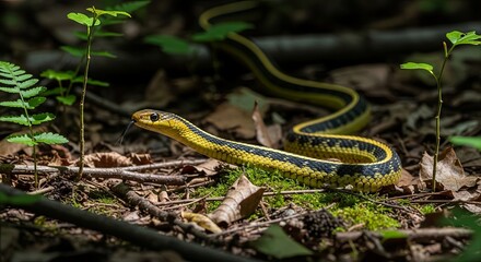 A Yellow Striped Snake Slithers Through a Forest Floor Covered in Leaves and Moss.