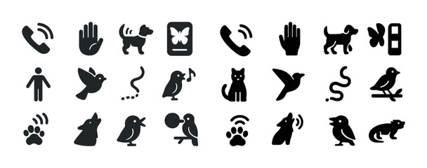 Set of animal and communication icons in black silhouette