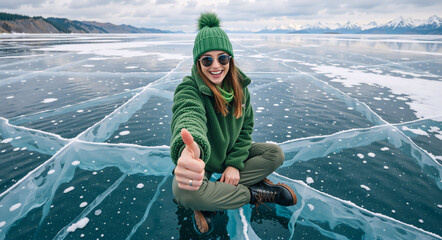 Happy woman giving a thumbs up while sitting on a transparent frozen lake. Young female traveler enjoying a winter adventure in a mountain landscape