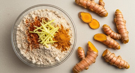 Culinary Ingredients: Turmeric, Ginger, and Flour in Glass Bowl, Overhead View.