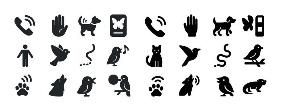 Set of animal and communication icons in black silhouette
