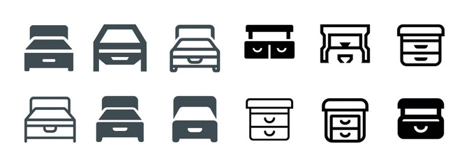 Monochrome bed and nightstand icons set in various styles and designs