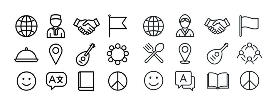 Simple line icons: globe, handshake, flag, music, peace, smiley, location, cutlery