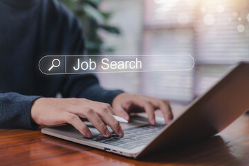 A person typing on a laptop with a digital job search bar overlay, representing online job hunting, career opportunities, recruitment, employment search, and modern digital job application processes.