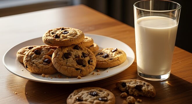 A classic pairing of freshly baked chocolate chip cookies and a tall glass of cold milk on a wooden table