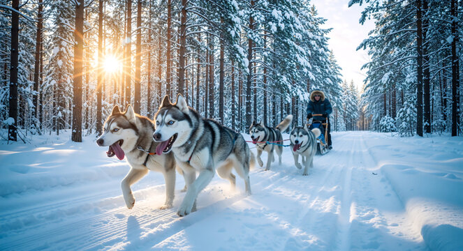 Siberian husky sled dog team running through a snowy forest at sunset. Winter adventure and travel in Lapland, Finland