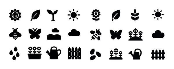 Fototapeta premium Nature icons set: sunflowers, leaves, bees, clouds, watering can, fence, seeds, sun