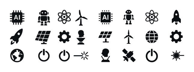Technology icons: ai, robot, atom, wind turbine, rocket, solar panel, satellite