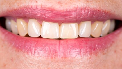 Smiling human teeth closeup on light background.