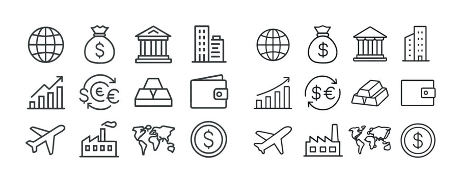 Finance and economy icons: currency, bank, buildings, graphs, wallet, investment, airplane, world map