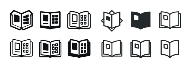 Set of book icons with diverse designs in black and white