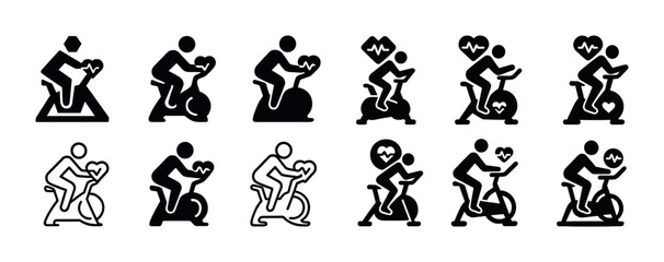 Naklejka premium Set of exercise bike icons with heart and fitness symbols
