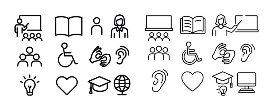 Education and accessibility icons featuring sign language and disability symbols