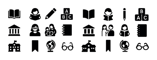 Education icons: books, schools, and learning tools in black silhouette