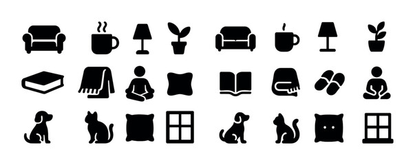 Obraz na płótnie Canvas Cozy home icons: furniture, decor, pets, and relaxation silhouettes
