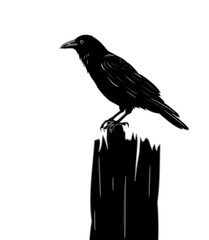 Minimalist line-art illustration of a raven perched on a broken wooden post. Perfect for gothic, nature, and tattoo-inspired designs. Solhouette, no background