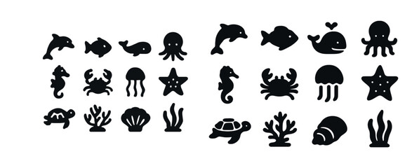 Obraz premium Marine life silhouettes of sea creatures in black icons set