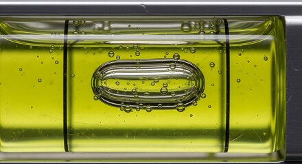Close up view of a spirit level bubble indicating perfect horizontal alignment within bright yellow liquid