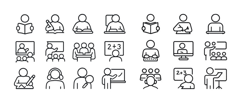 Educational icon set: reading, writing, math, online learning, classroom activities