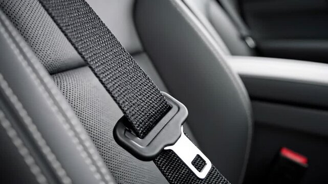 A black seatbelt fastened in an empty car seat, illustrating fundamental vehicle safety and readiness.