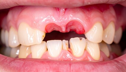 Human mouth with missing teeth, and dental health.