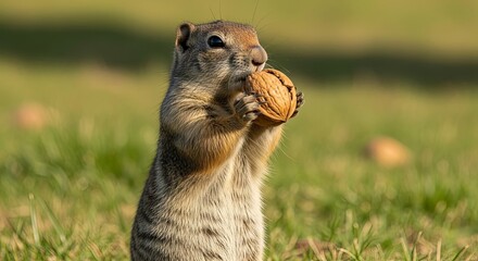 Adorable Ground Squirrel Holding Walnut, Standing in Green Grass, Wildlife Portrait.