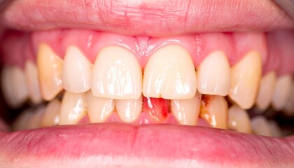 Damaged teeth with showing gum and dental decay.