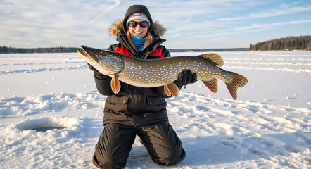 Smiling woman holding a large northern pike while ice fishing. Happy angler with a trophy catch on a frozen snow-covered lake in winter. Outdoor recreation and sport hobby