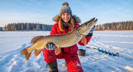 Happy woman holding a large Northern Pike on a frozen lake. Successful ice fishing catch in a winter landscape. Outdoor sport and recreation