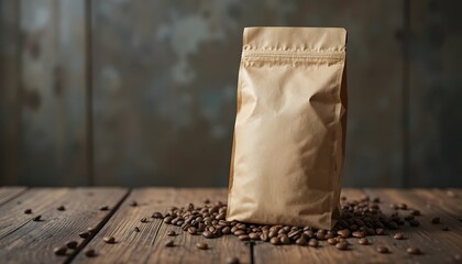 Delicious coffee beans and brown bag ready for packaging on rustic wood surface, perfect for your brand's artisanal coffee product presentation