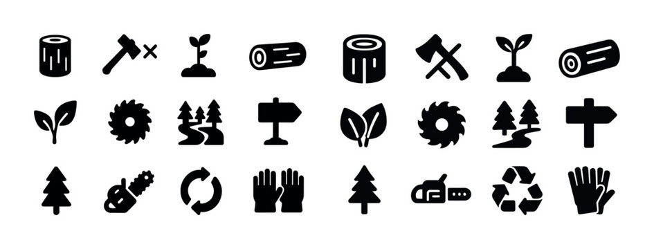 Collection of nature and woodworking icons: trees, tools, and recycling symbols