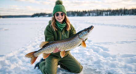 Happy woman holding a large northern pike catch from ice fishing. Young female angler kneeling in the snow on a frozen lake in a winter landscape