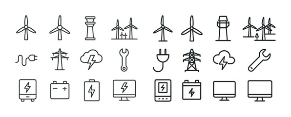 Set of energy and technology icons featuring wind turbines and power tools