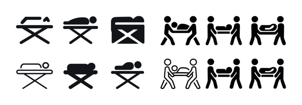 Emergency medical icons: stretcher and paramedic figures in black and white