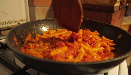Pasta with tomato sauce cooking in pan.