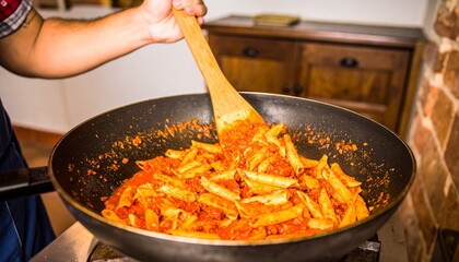 Pasta being cooked in pan with sauce.