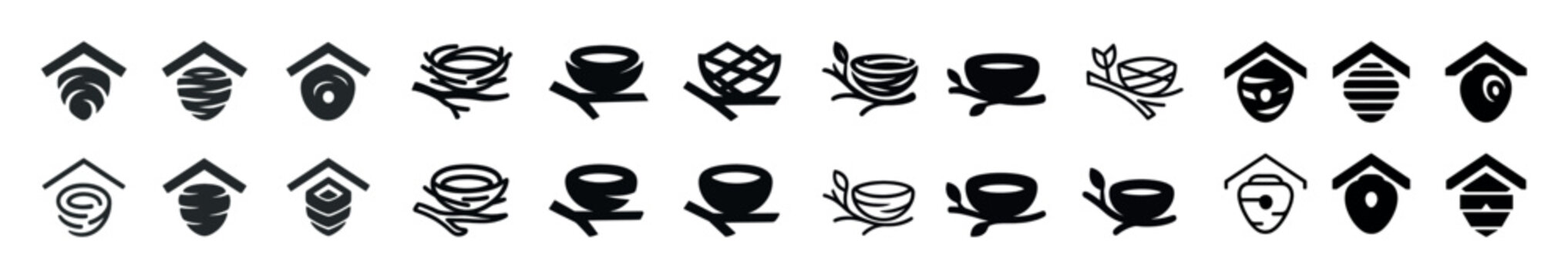 Collection of minimalist bird nests and birdhouse icons in black and white