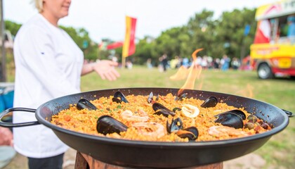 Paella cooked outdoors with flame.