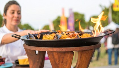 Chef cooking paella with flames outside.
