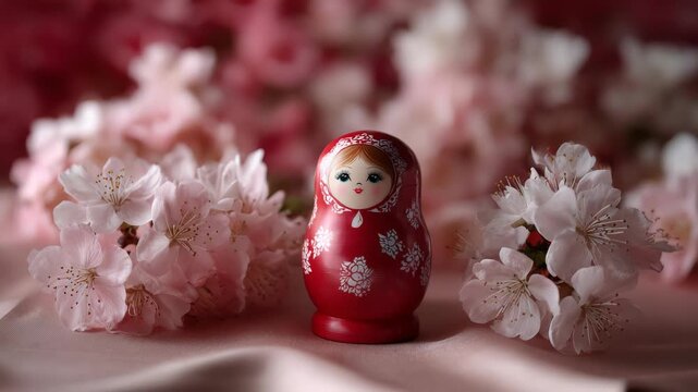 Matryoshka doll with pink cherry blossom flowers on pink surface