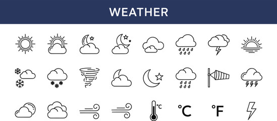 Weather forecast line icons set, minimal climate symbols, sun rain cloud storm wind temperature outline graphics for meteorology design