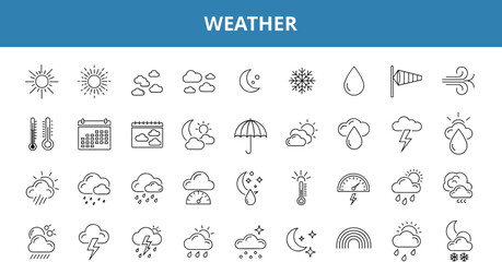 Weather forecast line icons collection, climate symbols, sun, rain, clouds, storm, temperature, wind, seasonal meteorology elements, outline style illustration