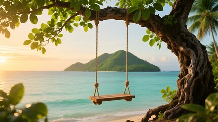Serene tropical beach view with empty wooden swing hanging from sprawling tree branch overlooking