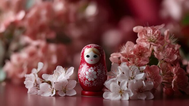 Russian nesting doll surrounded by delicate cherry blossom flowers