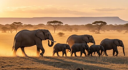 African Elephant Family Trekking Across Golden Savannah at Sunset
